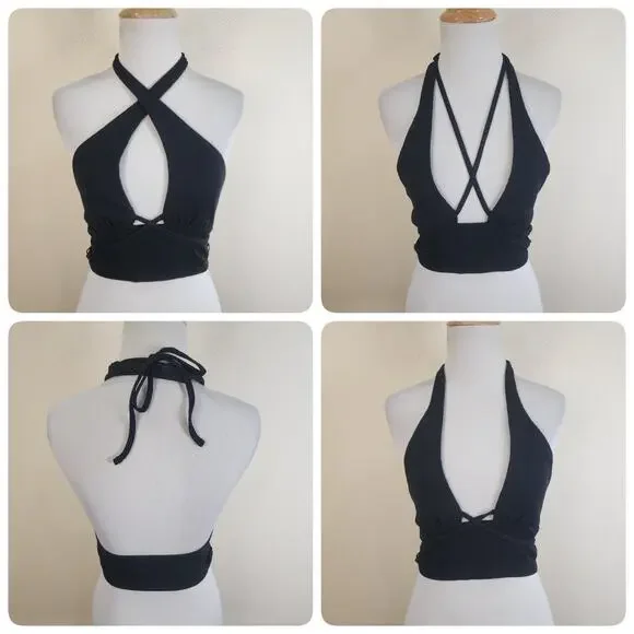 URBAN OUTFITTERS Valeria Halter Crop Top Size Small Black Shirt Strappy - Picture 1 of 12